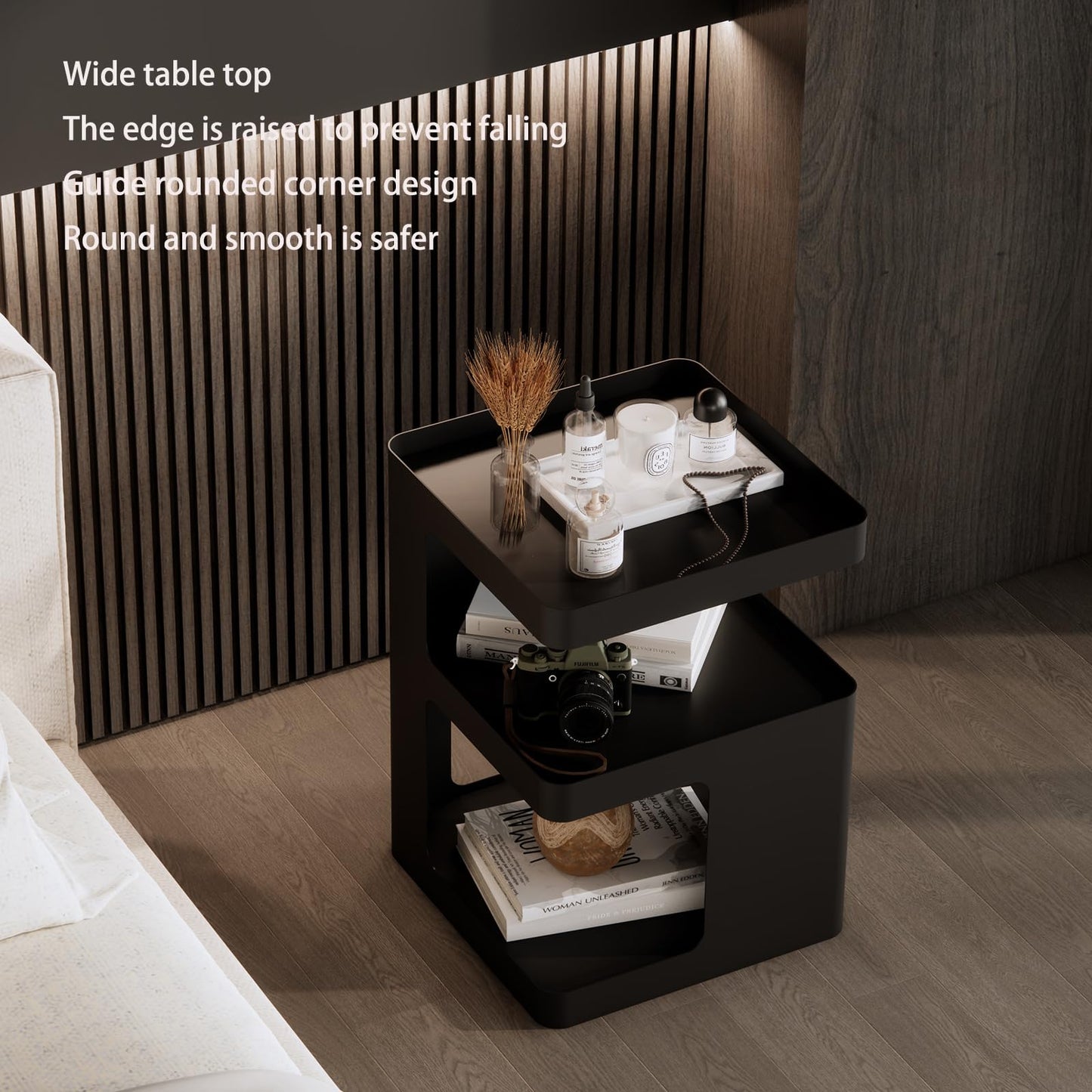 ZHBHYZ Modern Side Table,Small end Tables for Small Spaces,Black Metal nightstand,Bedside Tables,Accent Table with Storage for Couch, Bedroom,Living Room.No Assembly Required