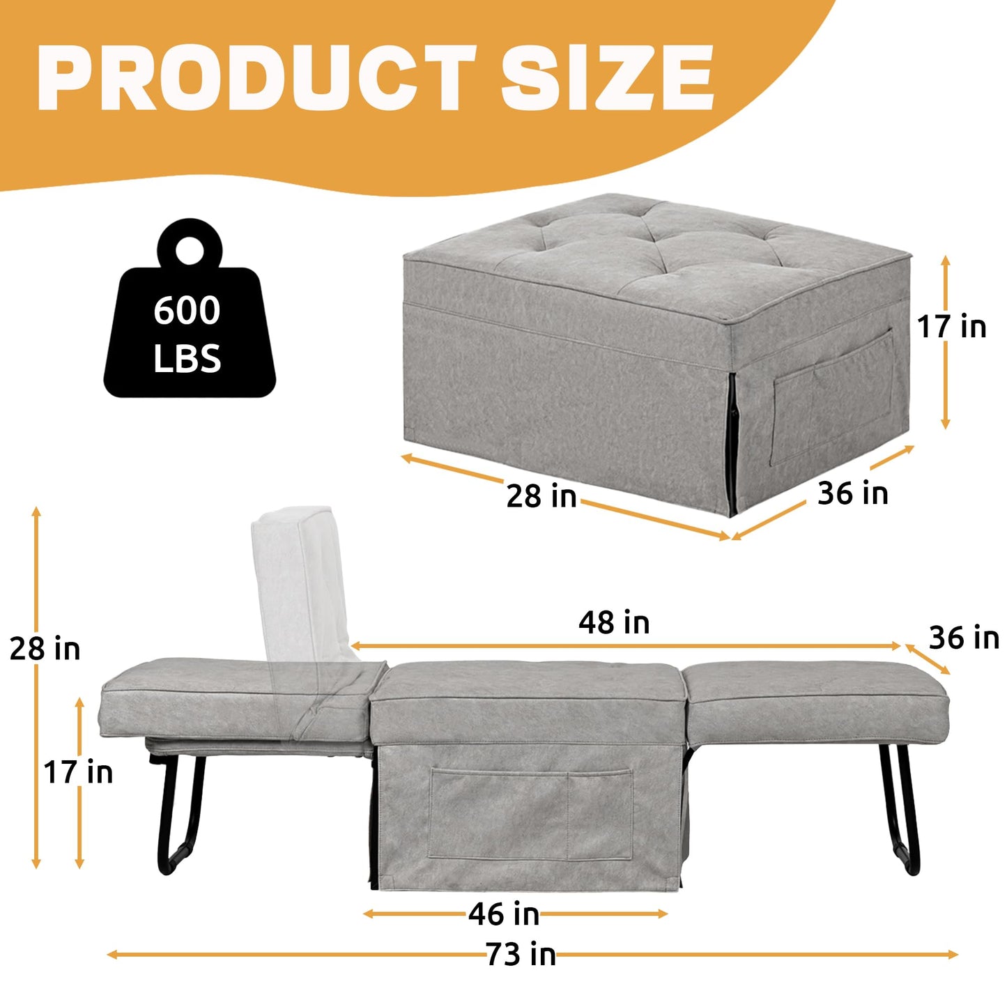 OMOCCUIT 4-in-1 Multi-Functional Convertible Sofa Bed, Large Foldable Ottoman Sleeper Chaise with Adjustable Backrest, Modern Linen Convertible Futon Sofa Couch for Living Room, Apartment (Light Grey)