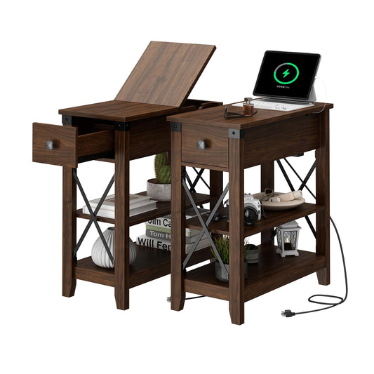 Awescuti Narrow End Table with Charging Station - Farmhouse Slim Side Table Set of 2, w/USB Ports Power Outlets, Nightstand w/Flip Top Storage Drawer, for Small Spaces Living Room Bedroom, Walnut