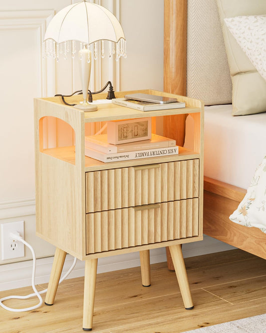 AEPOALUA Nightstand with Charging Station and LED Lights,Modern Bedside Table with 2Drawer and Open Shelf,Oak Night Stand with Solid Wood Legs,End Table for Living Room、Bedroom and Small Spaces