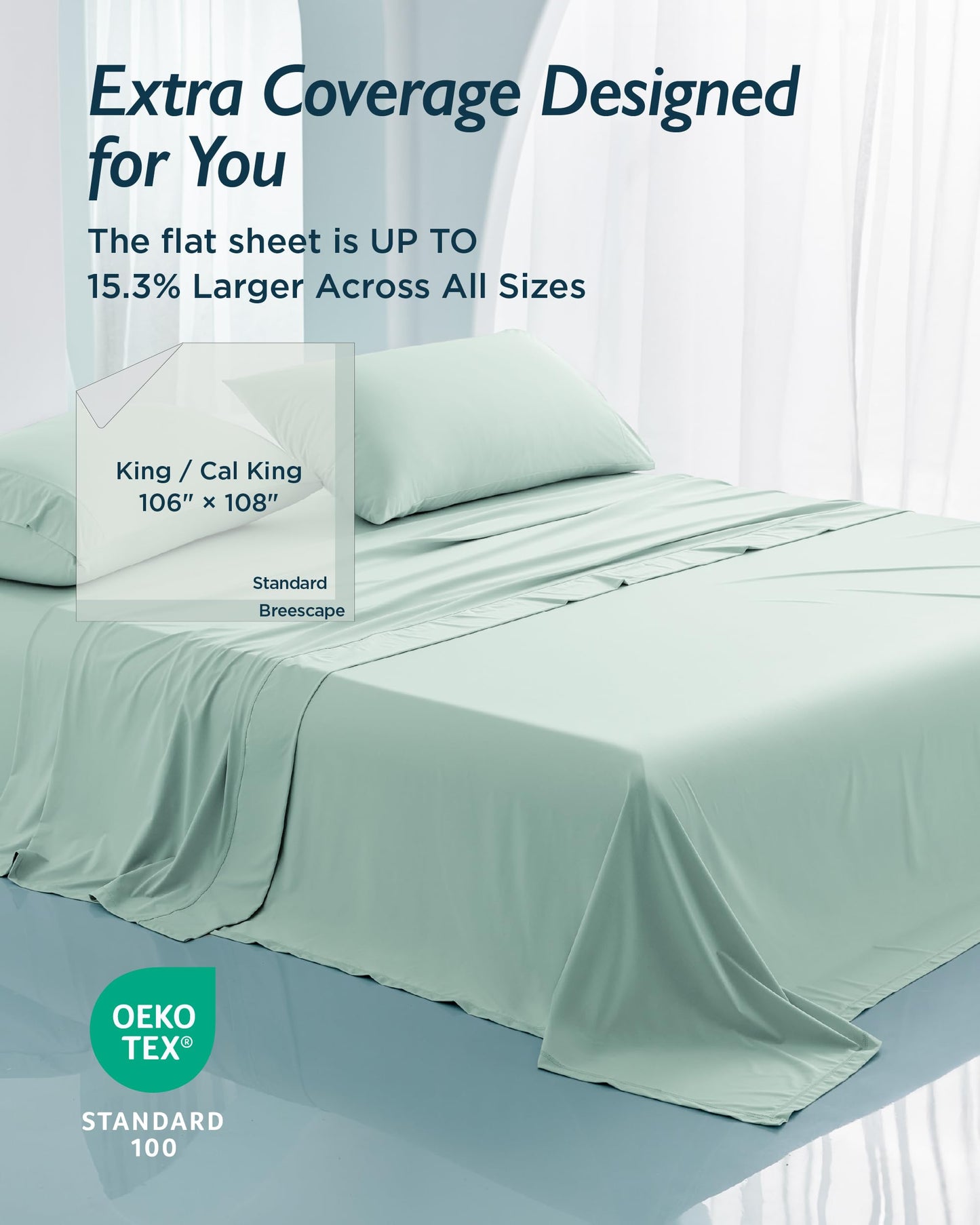 Breescape Cooling Sheet Set King Size - BlendTek™ Dry & Cool Technology for Hot Sleepers and Night Sweats, Q-Max>0.46 Tech, Deep Pocket Up to 18", 360° Elastic Band, Mint Green