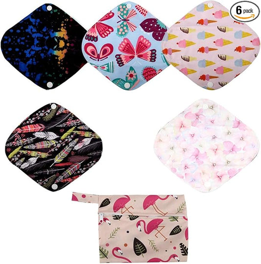 5 Small Panty Liners 1 Wet Bag Cloth Menstrual Pads Reusable Washable (Flamingo, S Panty Liners)