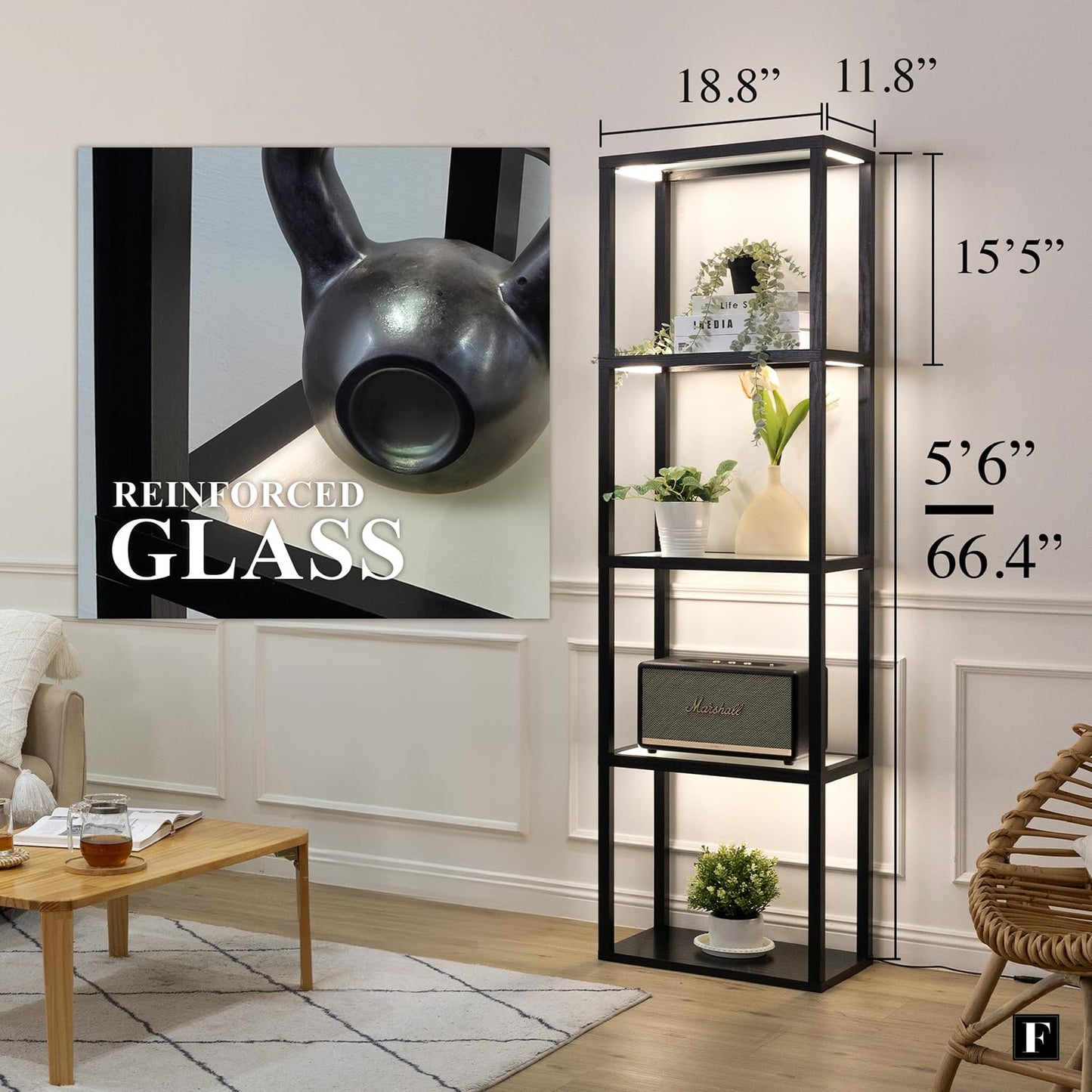 LED Display Shelf with Lights – Glass Display Cabinet for Collectibles with Dimmable Lighting, App & Remote Control – 66” Curio Shelf Floor Lamp with Adjustable Color Temps – FENLO Fantasy Plus Pro