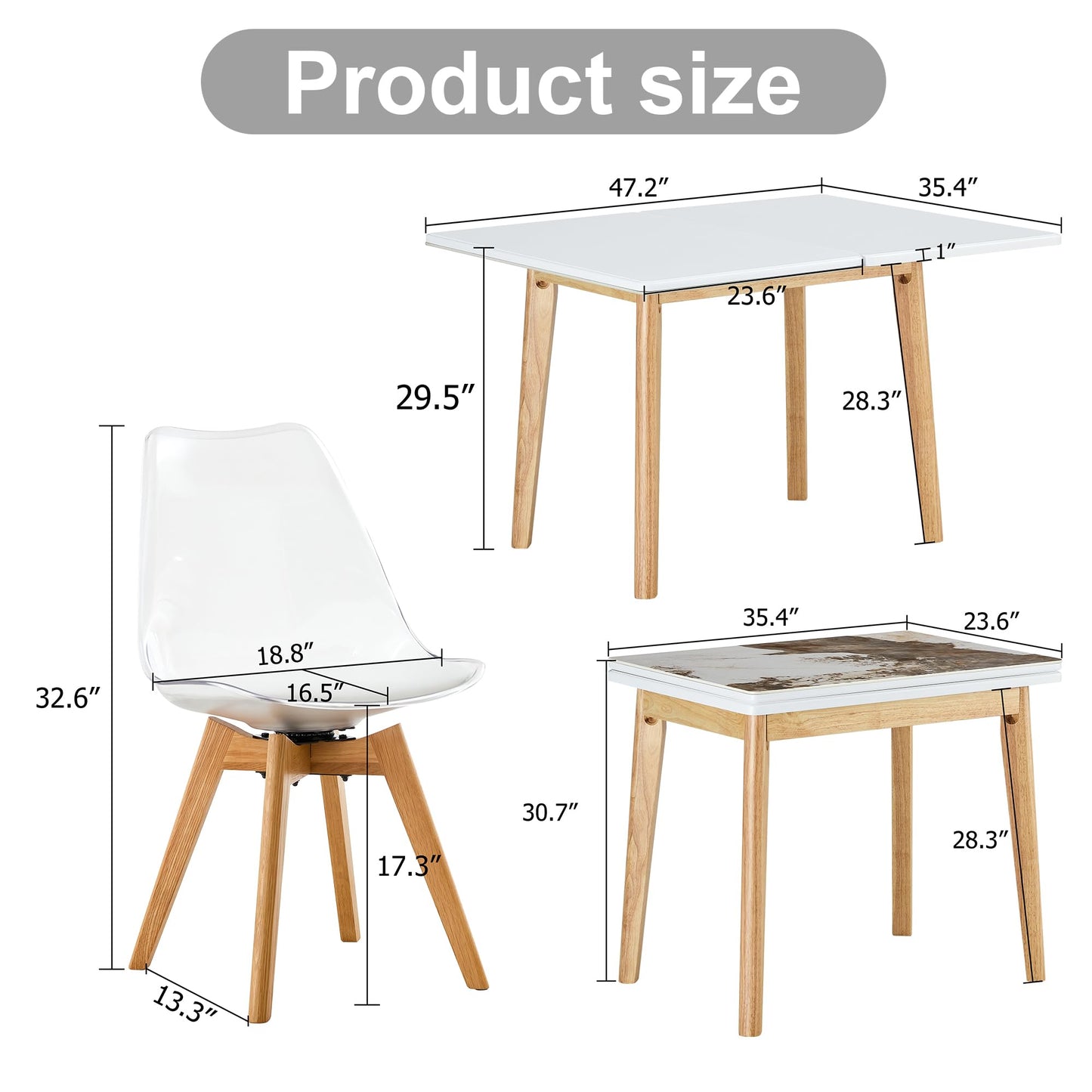 MEMUY 5 Piece Dining Table Set,Folding Dining Table with Chairs Set,35.4-47.2" Small Kitchen Table Set for 4,Marble Dining Table Set for 4 Space Saving,White Dining Room Table Set for 4,Apartment