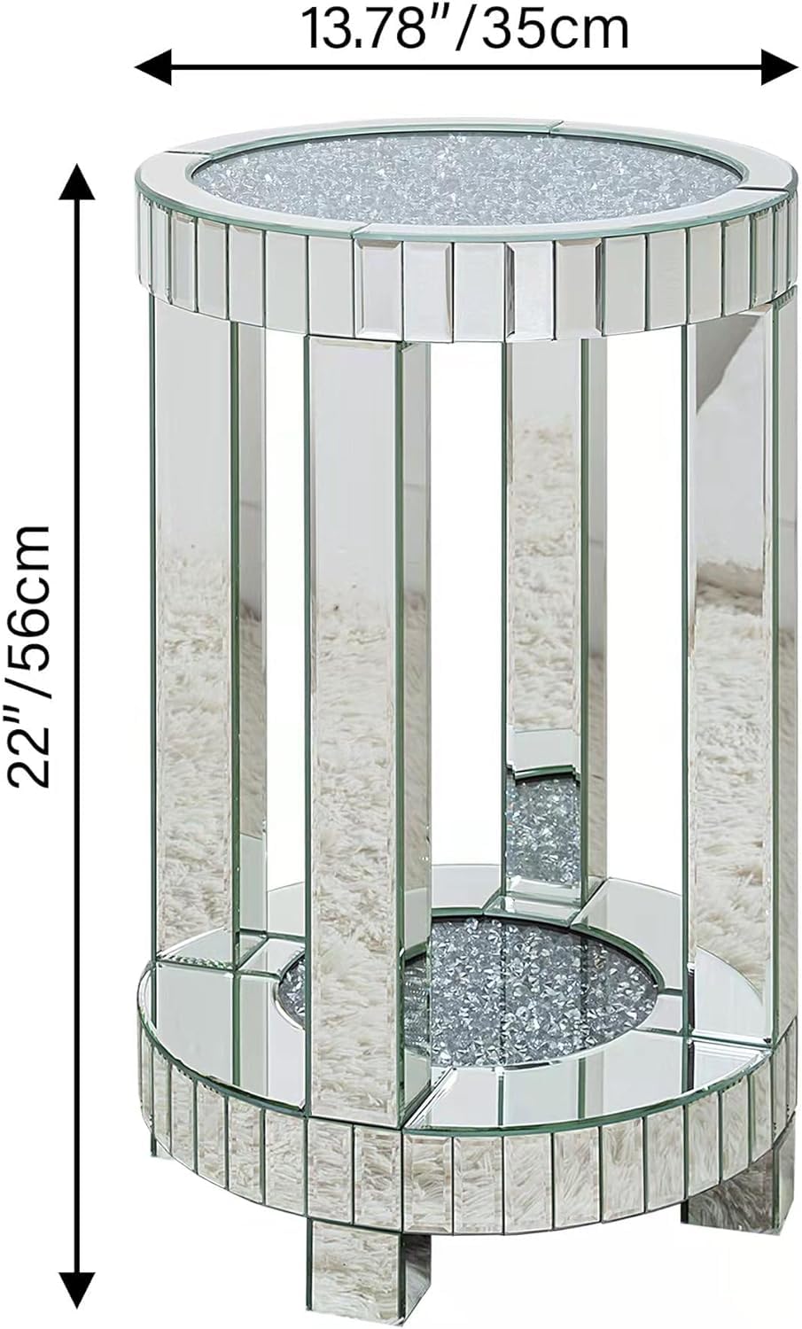 SHYFOY Mirrored End Table Round with Crystals Inlay, 2-Tier Modern Small Sofa Table with Storage, Silver Accent Table for Living Room, Bedroom, Coffee, and Small Spaces