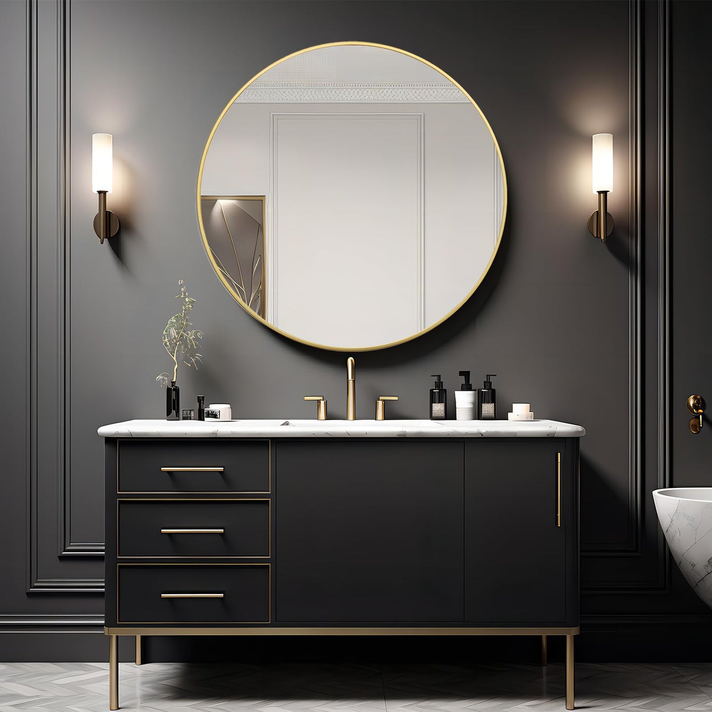 Growsun 48 inch Large Gold Round Mirror, Bathroom Mirror for Wall, Metal Frame Round Mirror for Fireplace Living Room Wall Decor