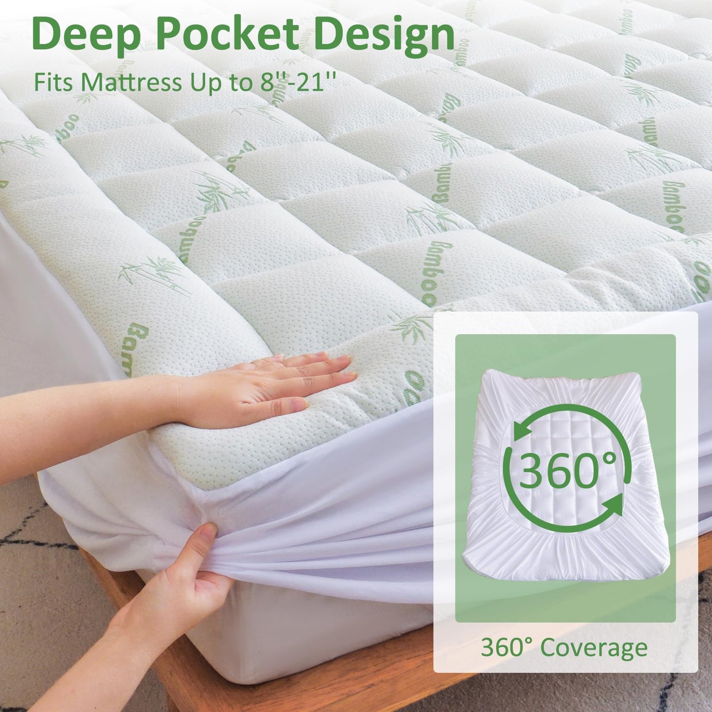 Bioeartha Mattress Topper Queen Size- Viscose Made from Bamboo Cooling Pillow Top Mattress Pad for Back Pain Relief - Breathable Mattress Protector Deep Pocket Mattress Cover Fits 8-21 Inch
