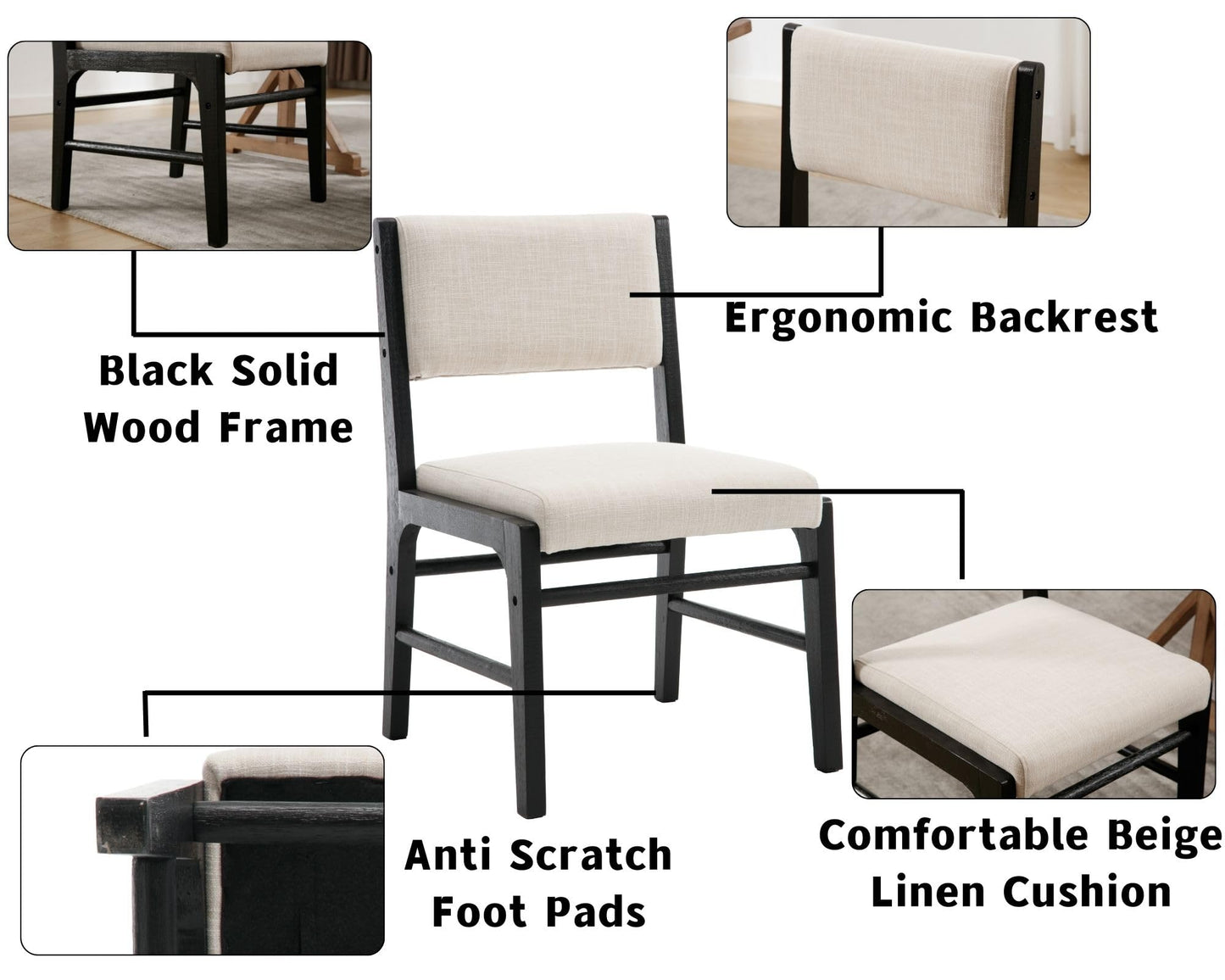 HNY Set of 4 Beige Linen Dining Chairs with Black Wood Frame, Modern Fabric Upholstered Kitchen Chair with Rectangular Back, Armless Wooden Kitchen & Dining Room Accent Side Chairs for Living Room