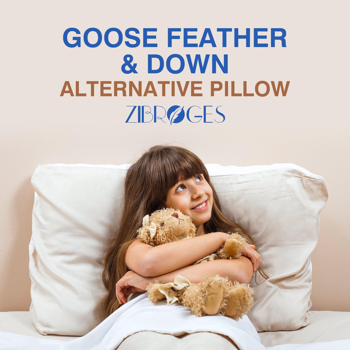 zibroges Goose Feather Pillow Queen Size Set of 2 - Down Hotel Bed Pillows for Sleeping, Soft 600 Thread Count Cotton Cover, Fluffy Support Surround Fill Polyester for Back, Stomach, Side Sleepers