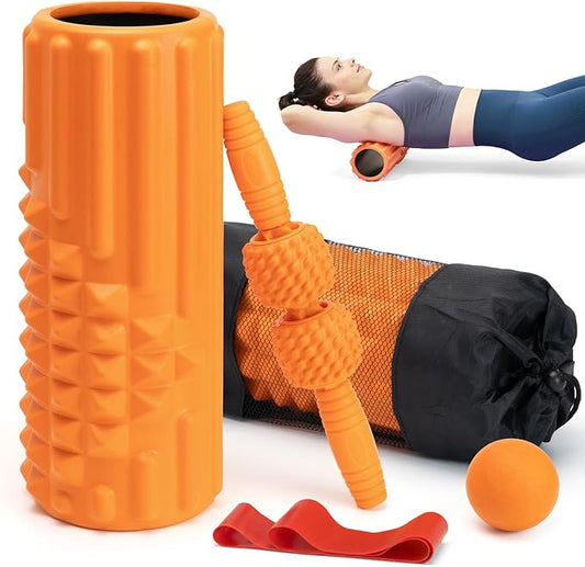5 in 1 Foam Roller Set, Trigger Point Back Roller, Muscle Roller Stick, Massage Ball, Massage Roller, Resistance Band for Deep Tissue Massage Fitness Exercise Yoga Pilates(Orange)