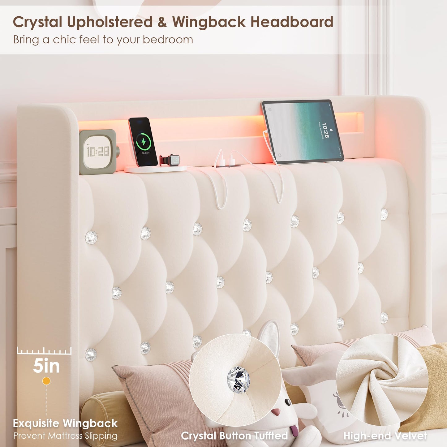 HIFIT Full LED Bed Frame with Charging Station and 4 Storage Drawers, Velvet Upholstered Platform Bed with Handcrafted Crystal Button Wingback Headboard, Metal Frame with No Box Spring Needed, Beige
