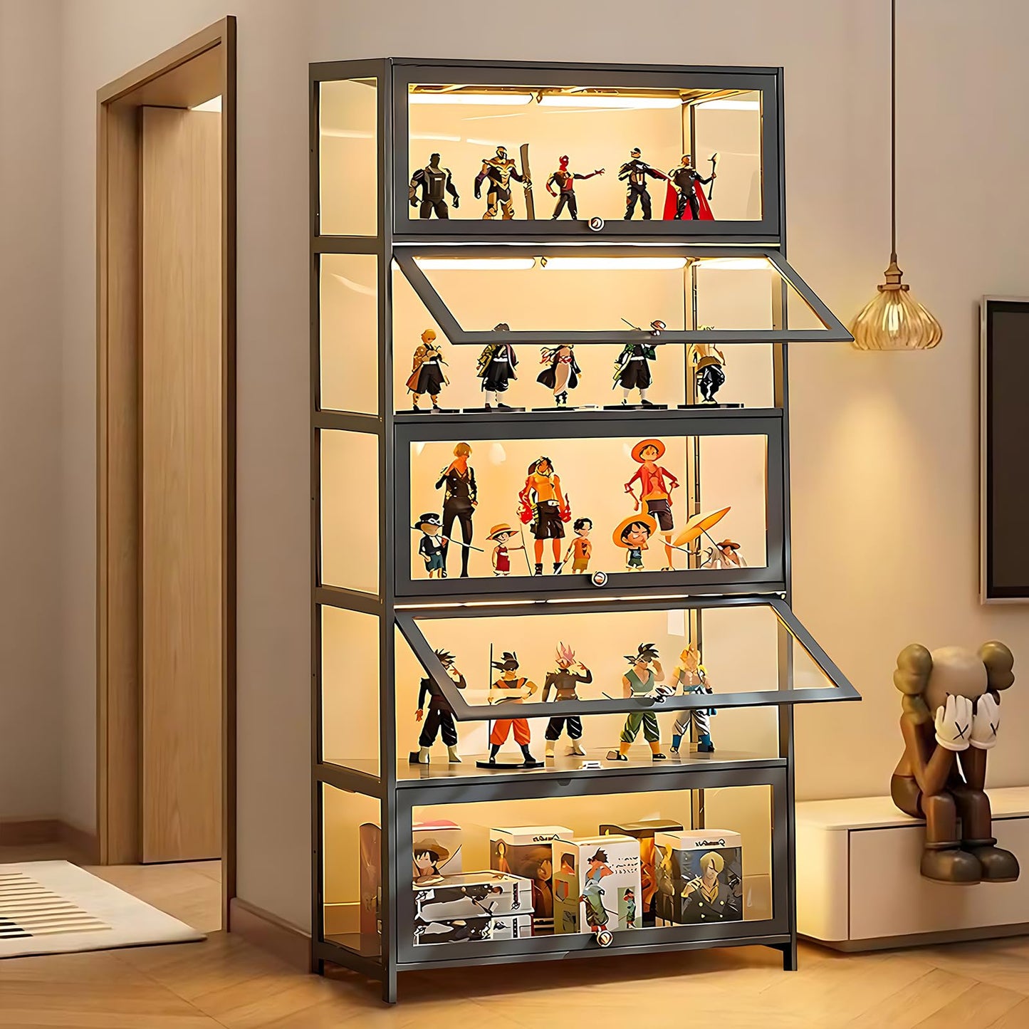 JOIHGA 5 Tier Display Cabinet with Acrylic Glass Doors, 68" Curio Display Cabinet with Adjustable Shelves, Large Capacity Storage Cabinet Collectibles Toy Organizers Rack & Display Shelf for Playroom