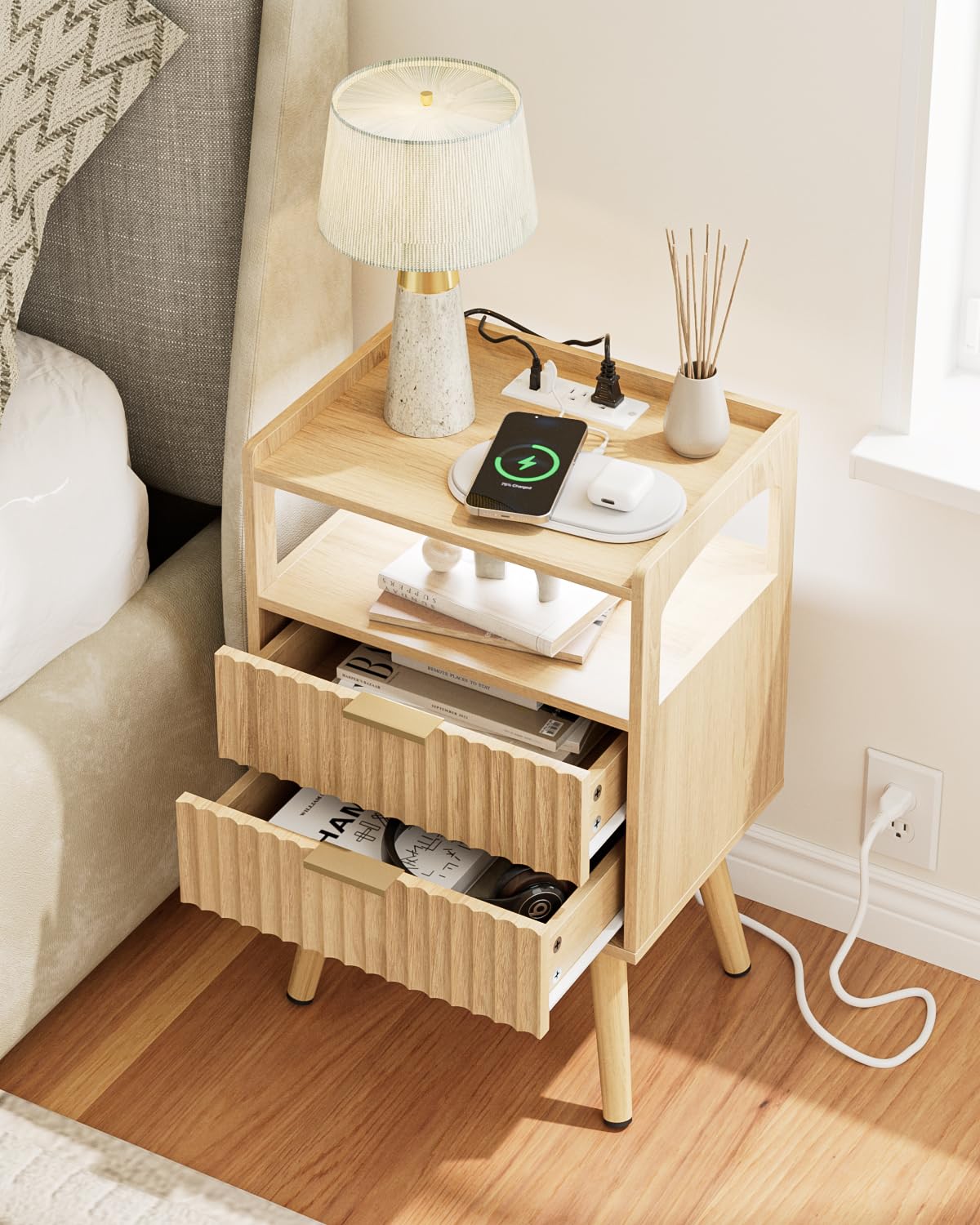 AEPOALUA Nightstand with Charging Station and LED Lights,Modern Bedside Table with 2Drawer and Open Shelf,Oak Night Stand with Solid Wood Legs,End Table for Living Room、Bedroom and Small Spaces