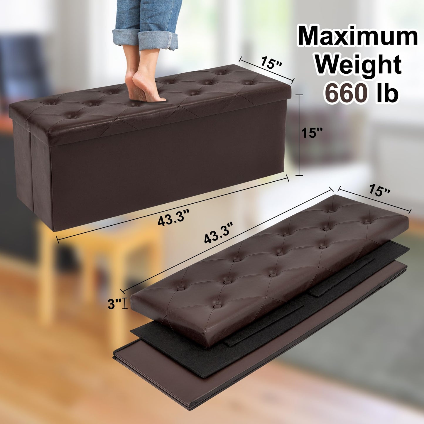 GLAXYFUR Storage Ottoman Bench, 43 Inches Folding Ottoman with 2 Dividers, PU Leather Foot Rest, End of Bed Bench, Storage Chest for Living Room, Bedroom and Entryway, Brown