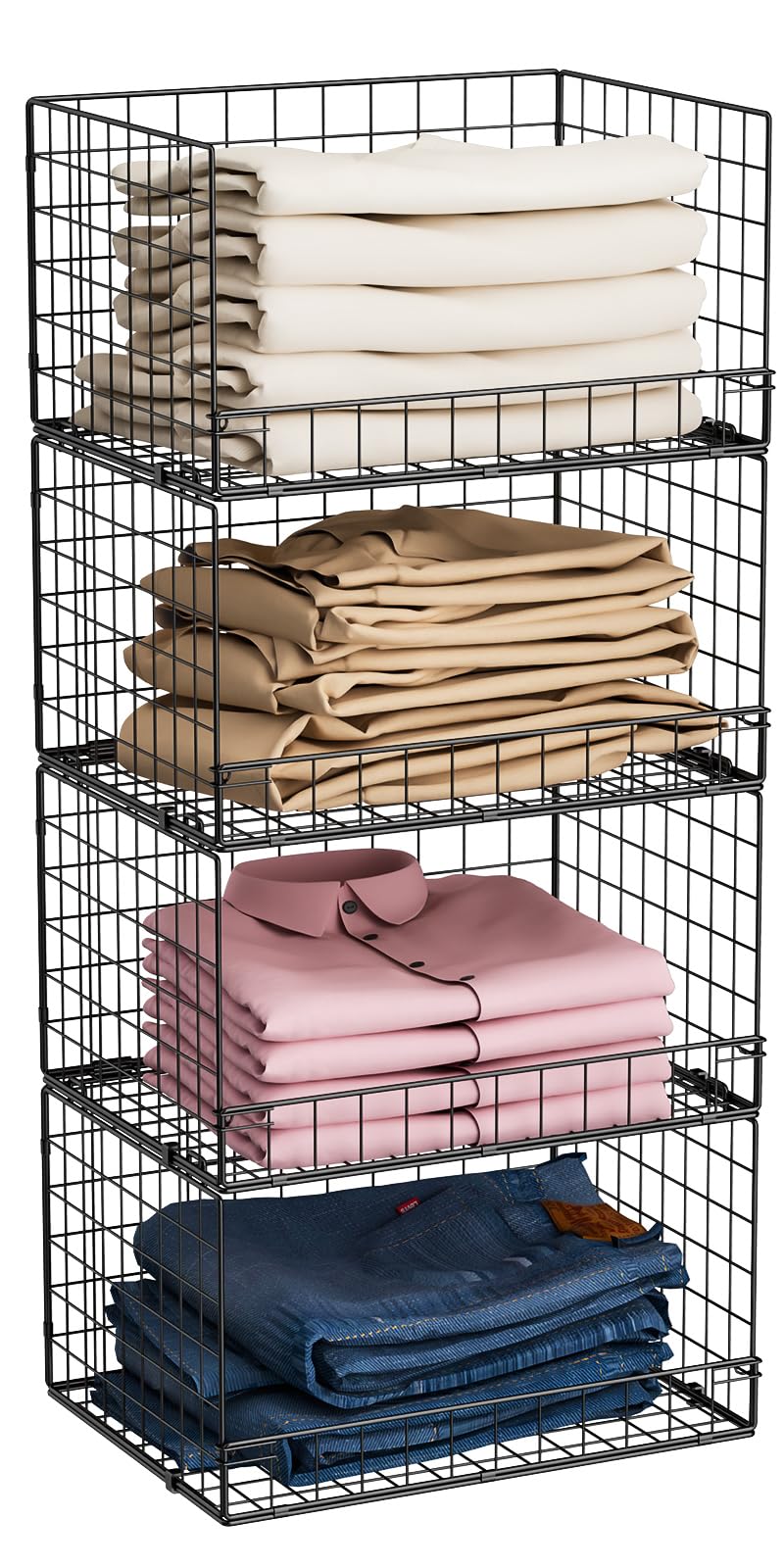 Yociyoga 4-Tier Stackable Closet Organizers and Storage Shelves, Clothes Shelf Organizer Basket Bins, Foldable Sweater Storage for Closet Organizer System, Black (Patent Pending)