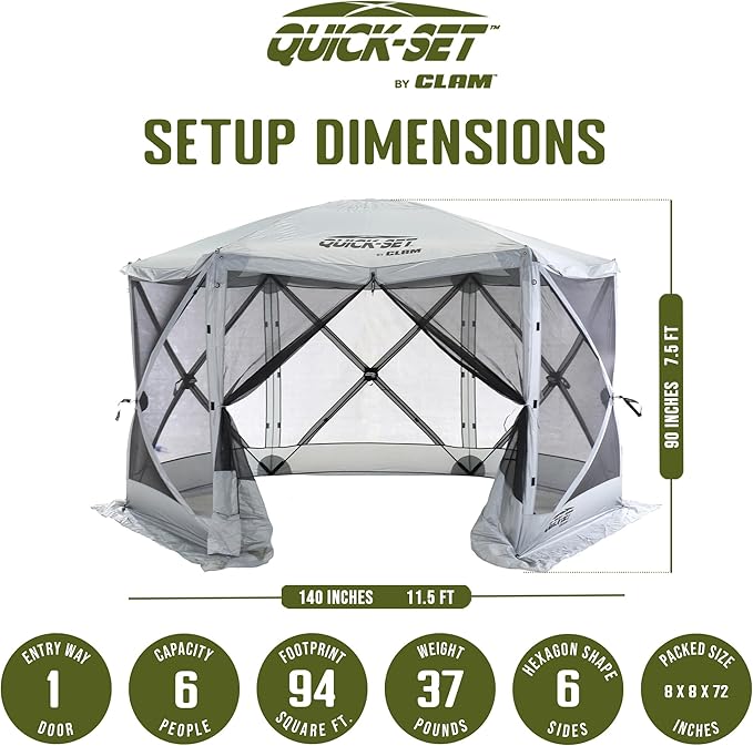 CLAM Pop Up Screen Tent, Outdoor Camping Gazebo Canopy, Escape, 11.5', Gray