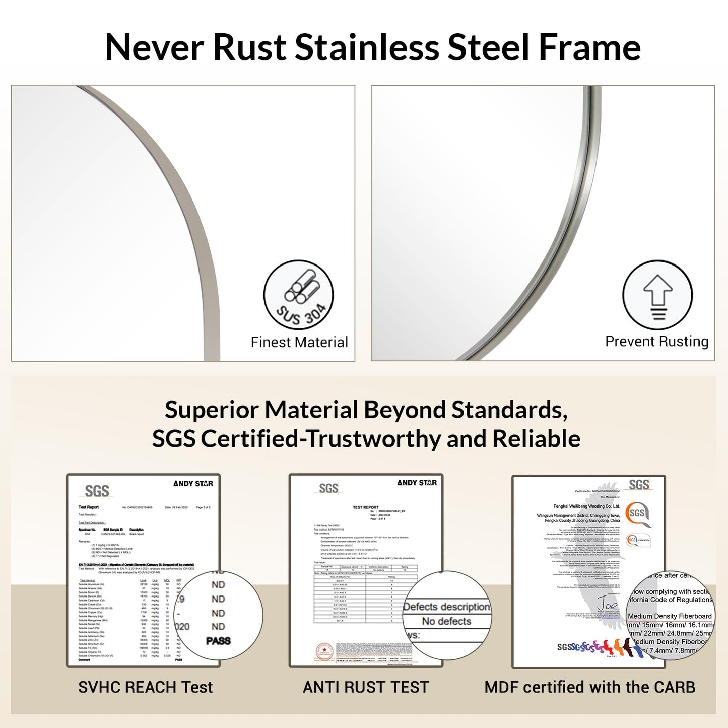ANDY STAR Chrome Bathroom Mirror, 26x38’’ Oval Mirrors for Bathroom, Pill Shaped Mirror Chrome Metal Framed, SUS304 Anti-Rust, 1’’ Deep Wall-Mounted Vertically/Horizontally