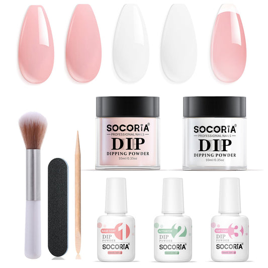 SOCORIA Dip Powder Nail Kit, Milky White Gentle Neutral Skin Nude Colors and Dipping Powder Liquid Set with Base Top Coat and Activator for French Nail Art Manicure DIY Salon (8 Pcs)