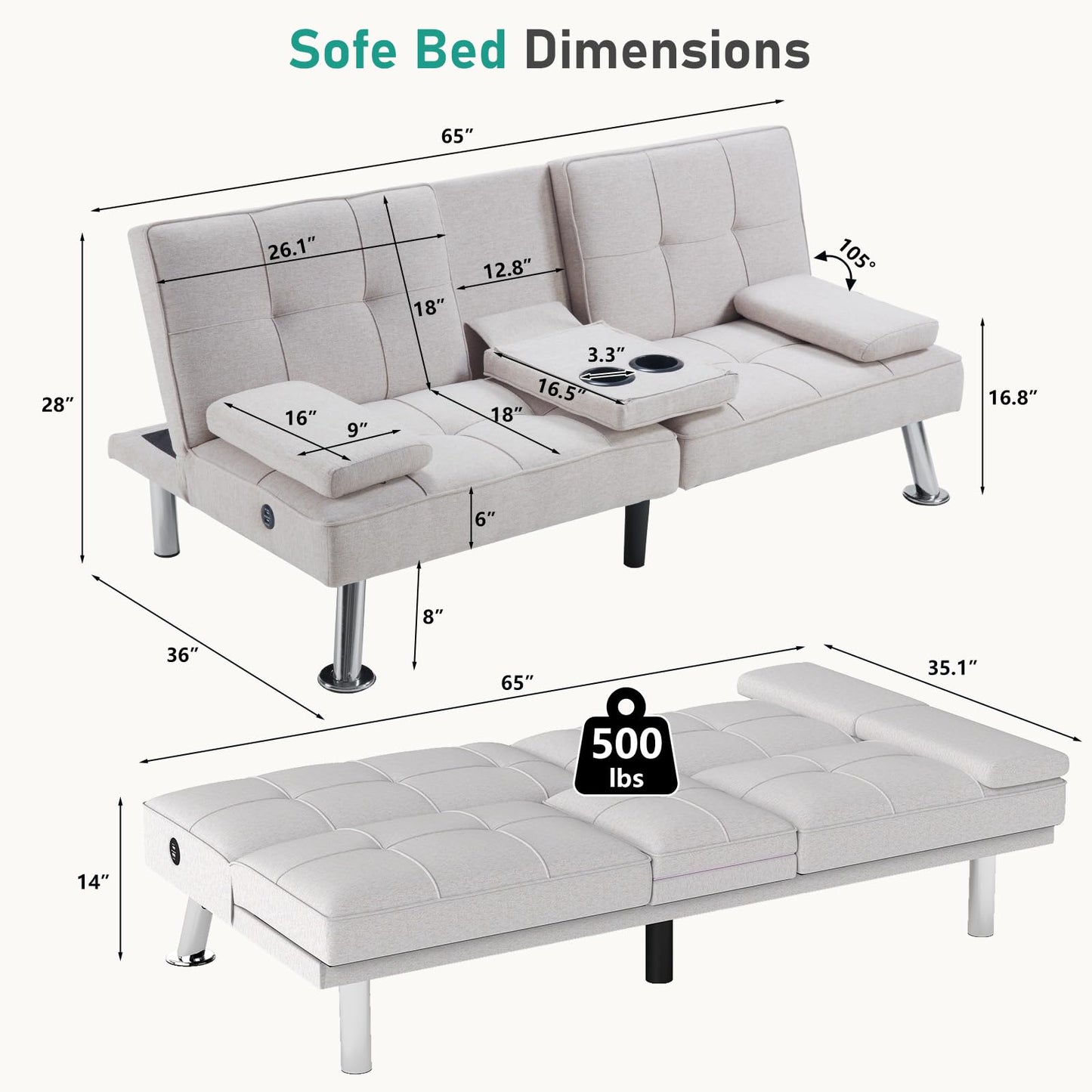 HAOMARKETS Convertible Futon Sofa Bed with USB Charging Port, Modern Linen Loveseat with Removable Armrests and 2 Cup Holders, Adjustable Folding Sleeper Couch for Small Spaces, Living Room, White