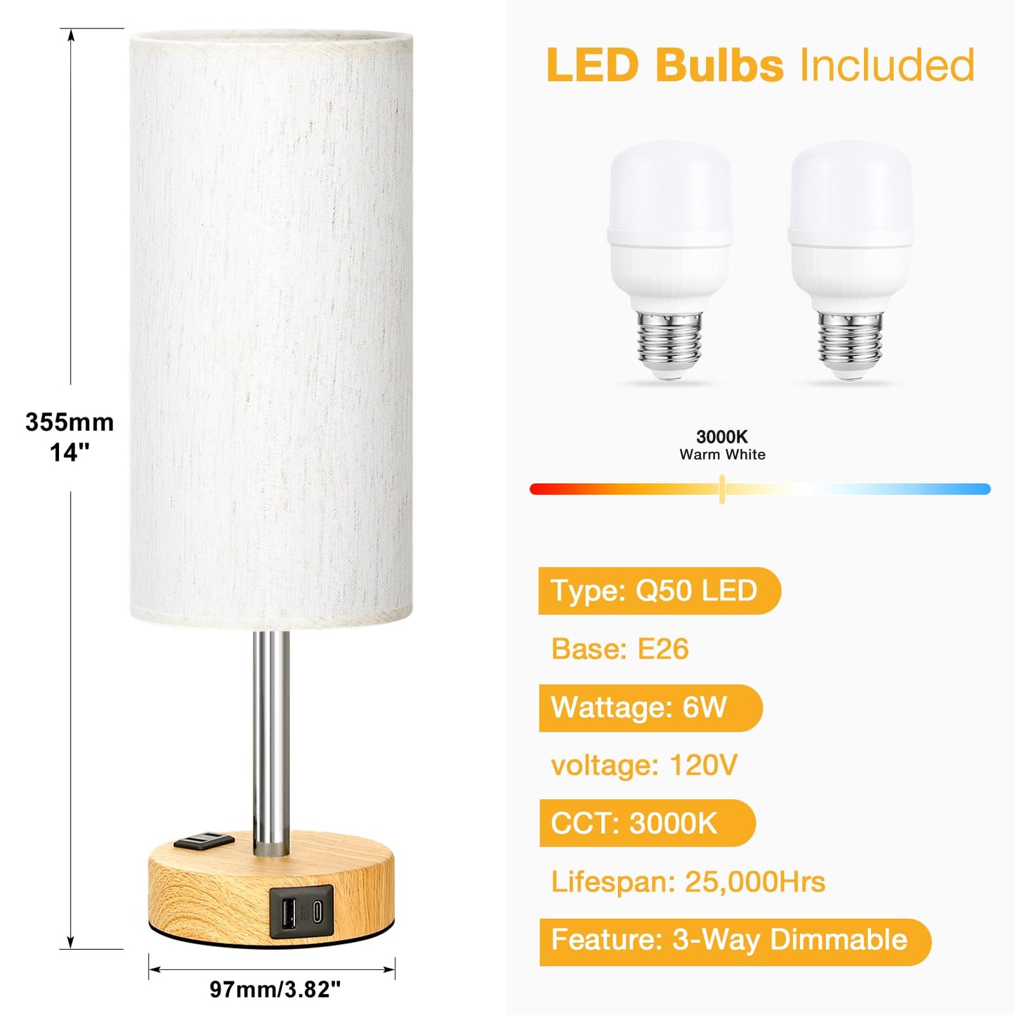 Touch Bedside Table Lamps Set - 3 Way Dimmable Bedroom Lamps Set of 2 with USB C and A Ports, Small Lamps for Nightstand with AC Outlet, Wood Base Round Flaxen Shade for Desk, Office, Dorm, Nursery