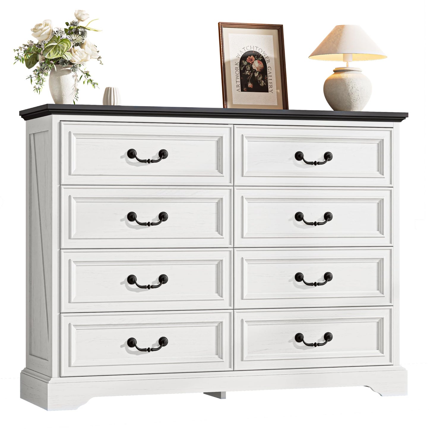 LIKIMIO Farmhouse 8 Drawer Dresser for Bedroom, 52" Wide Dresser Drawers with Storage, Rustic Wooden Chest of Drawers for Bedroom, Hallway, Antique White