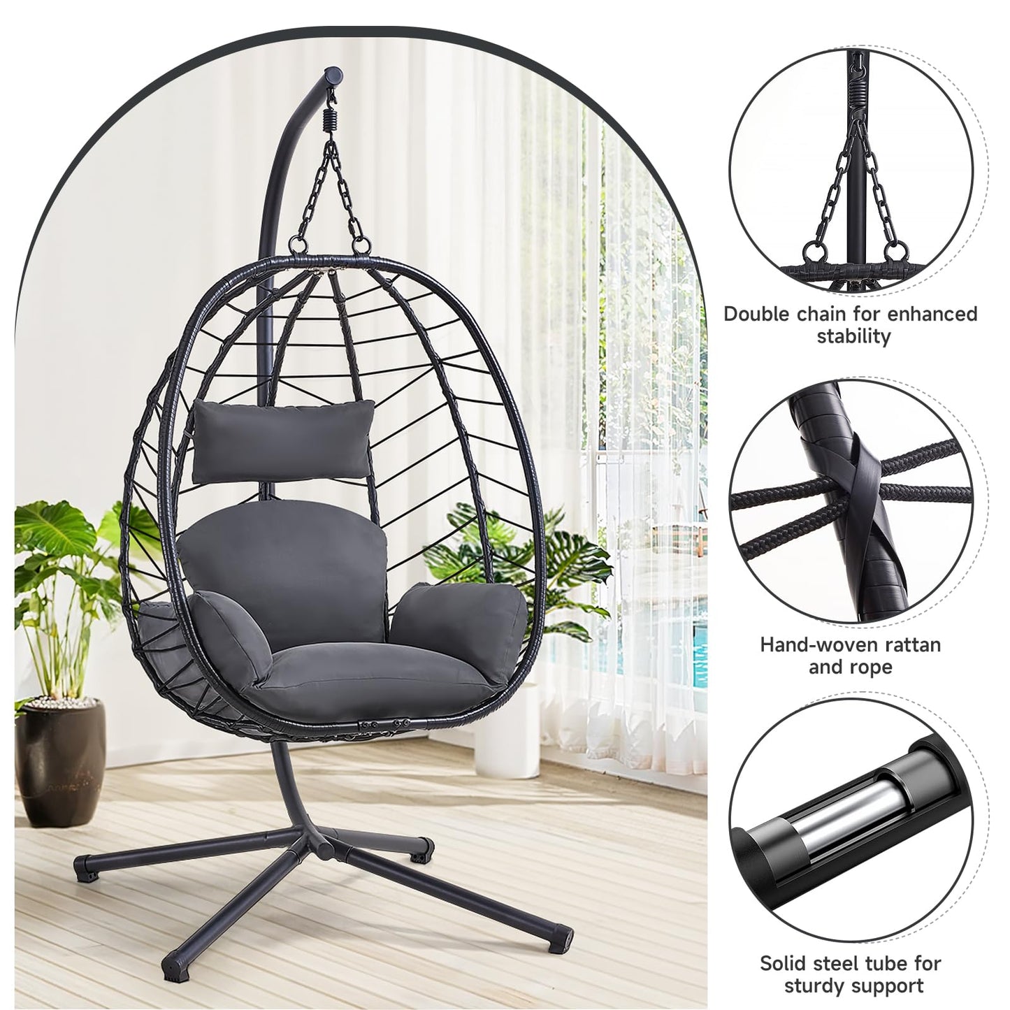 ONBRILL Hanging Egg Chair with Stand, Outdoor Indoor Egg Swing Chair with Cushion Headrest, Wicker Rattan Egg Chair with Dual Chains, 350LBS Capacity for Patio, Porch, Balcony, Bedroom (Dark Gray)