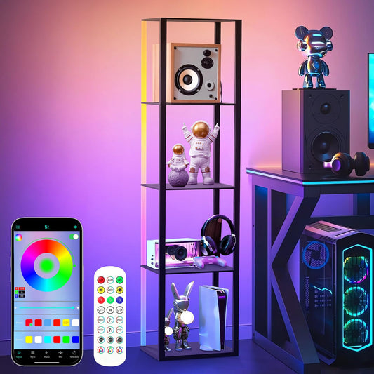 Caupel 5 Tiers Corner Shelf with LED Light, 63.78" Tall Display Shelf for Collectibles, LED Corner Floor Lamp with APP and Remote Control for Living Room Bedroom