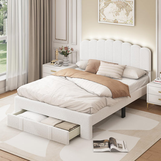 Bonzy Home Full Bed Frame with Storage Drawers and Adjustable Headboard, Modern Bed Frame with White Light, Wooden Slats Support, No Box Spring Needed, White