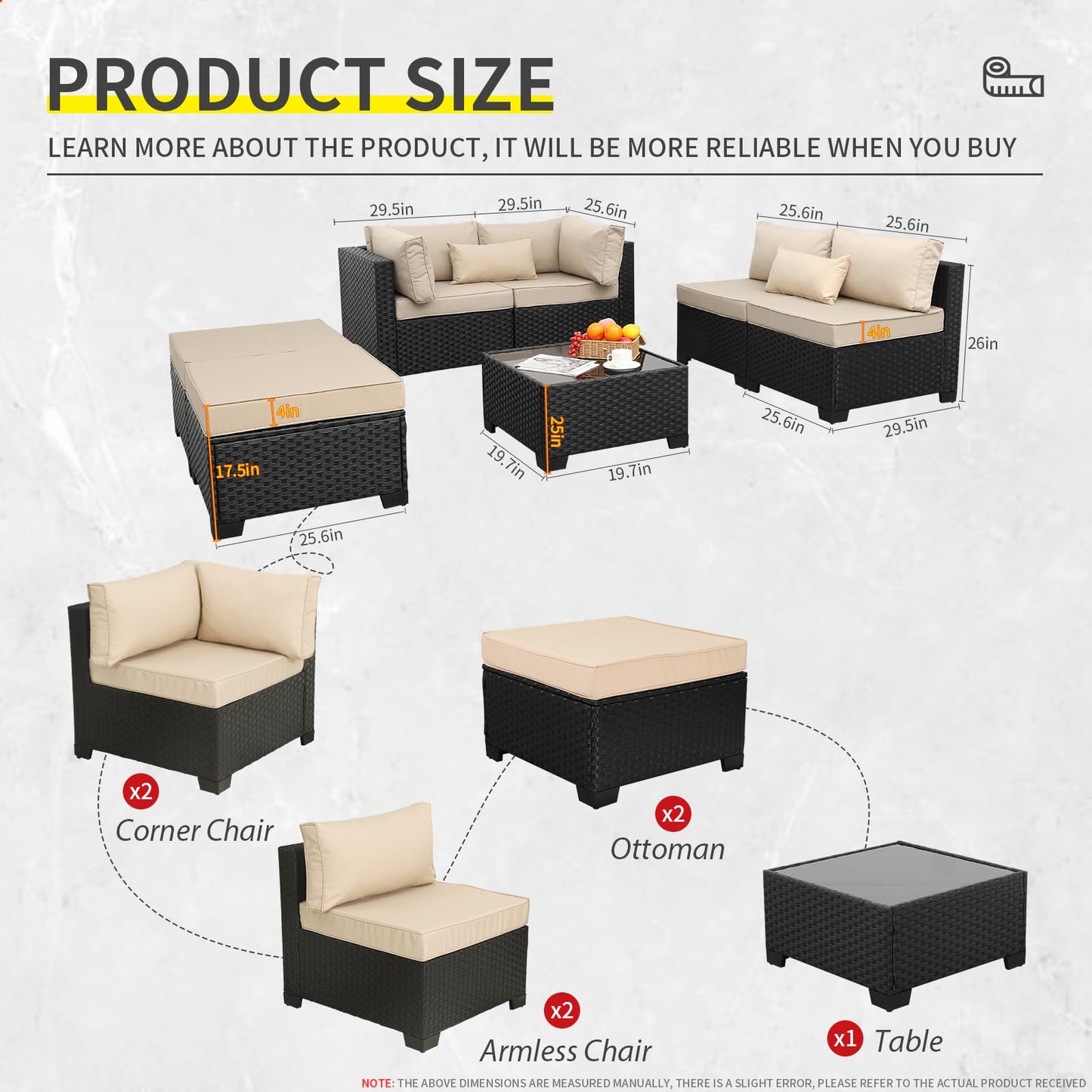 Lviden 7 Pieces Outdoor PE Wicker Furniture Set Patio Rattan Sectional Conversation Sofa Set with Khaki Cushions and Glass Top Table
