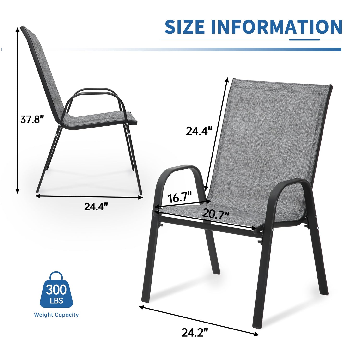 PIZZELLO Patio Chairs Set of 4, Outdoor Stackable Dining Chairs for All Weather, Lightweight Textilene Outdoor Chair Sets with Armrests, 300Lbs Capacity, for Backyard Porch Poolside Garden (Grey)