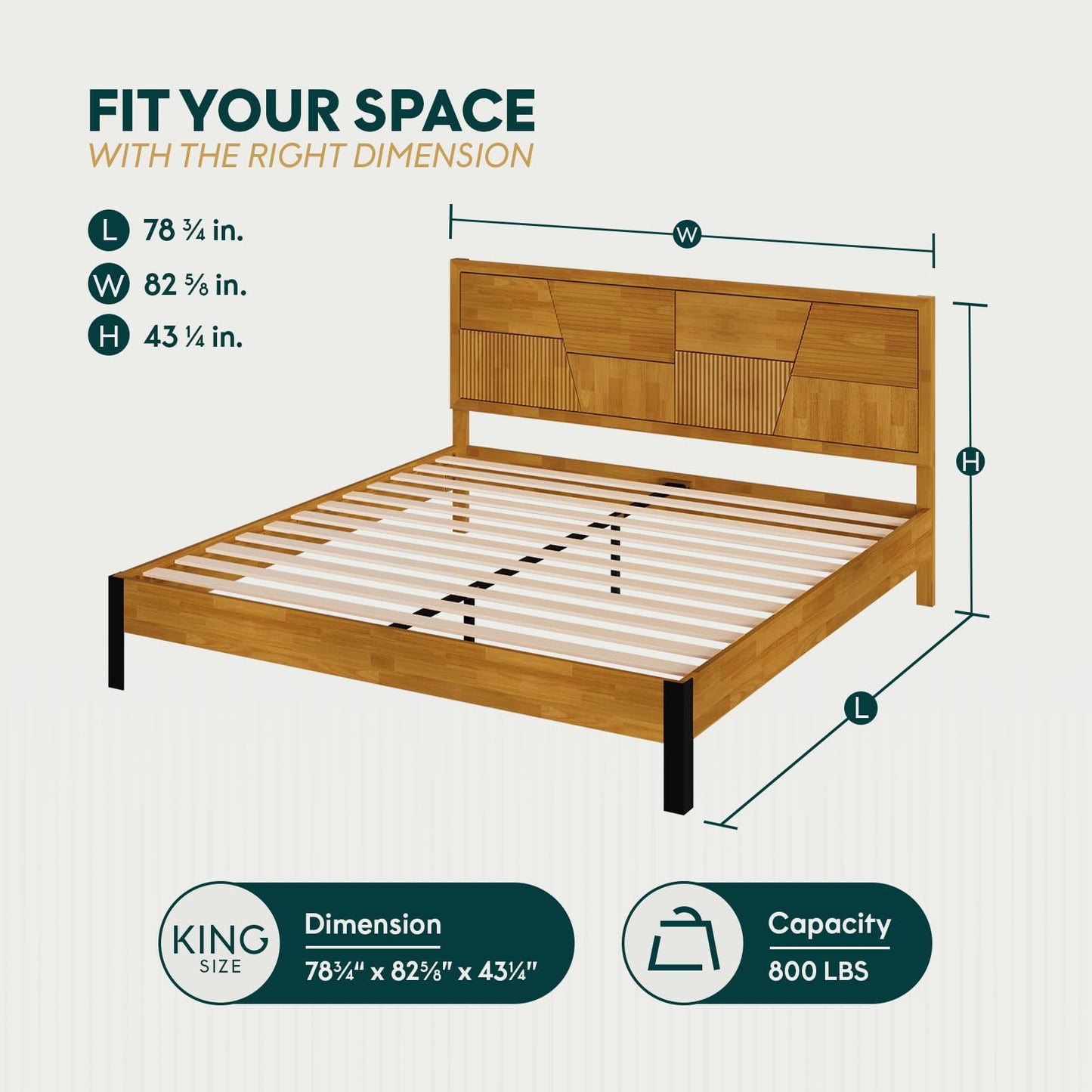 Bme Trapeze King Size Bed Frame – Rubberwood Platform with Slatted Headboard, Sturdy Iron Legs, No Box Spring Needed, Supports up to 800 lbs
