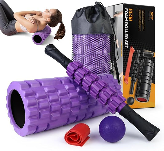 5 in1 Foam Roller Set, Trigger Point Foam Roller, Massage Roller Stick, Massage Ball, Resistance Band for Deep Muscle Massage Pilates Yoga,Fitness Exercise for Whole Body (Purple)