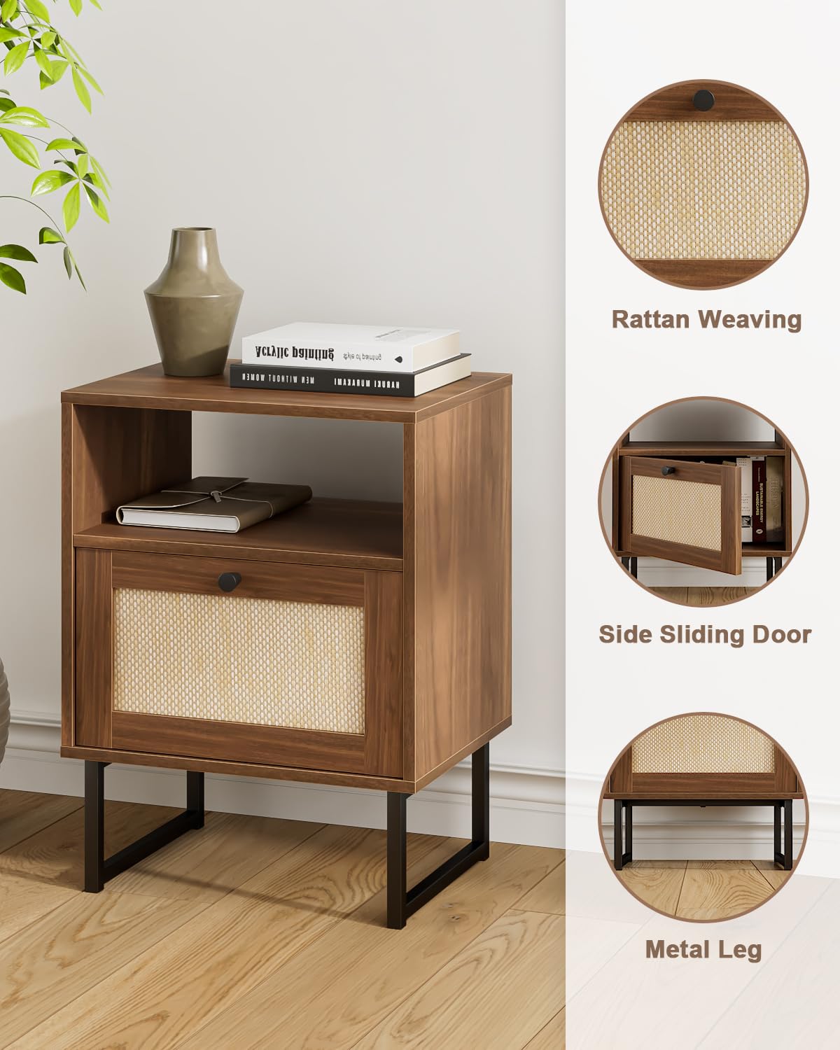Apetaccat Rattan Nightstand, Boho Night Stand Farmhouse Wood Bedside Table with Storage and Open Shelf, End Side Accent Table for Bedroom,Living Room,Walnut