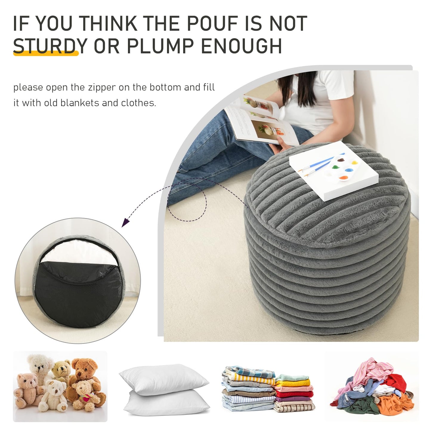 Pouf Ottoman Stuffed Round for Foot Rest, Faux Fur Poufs with Foam Chunk Filling, Storage Ottoman Pouf Foot Stool Cushion, 20 X 15 Inch Floor Chair for Living Room Bedroom Home Decor, Light Gray