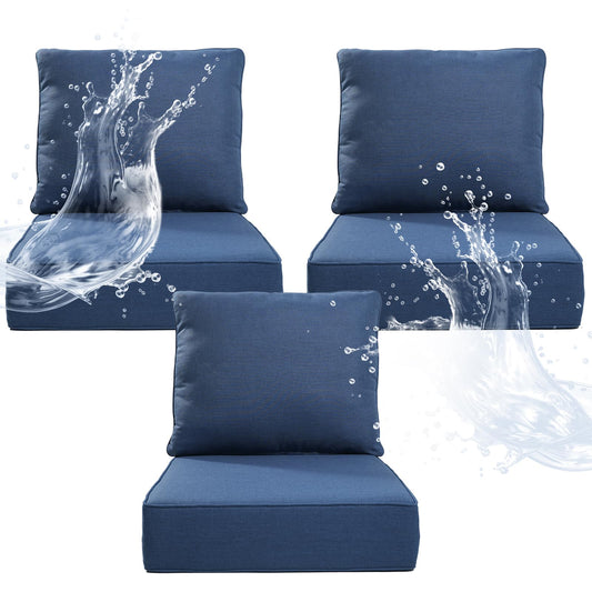 Artfurniz 6" Thicker Outdoor Chair Cushion 3 Sets - 24" *24" *6" Waterproof Patio Furniture Cushions with Removable Cover, 28D High Density Sponge Filling Thicken Outdoor Patio Cushions - Blue