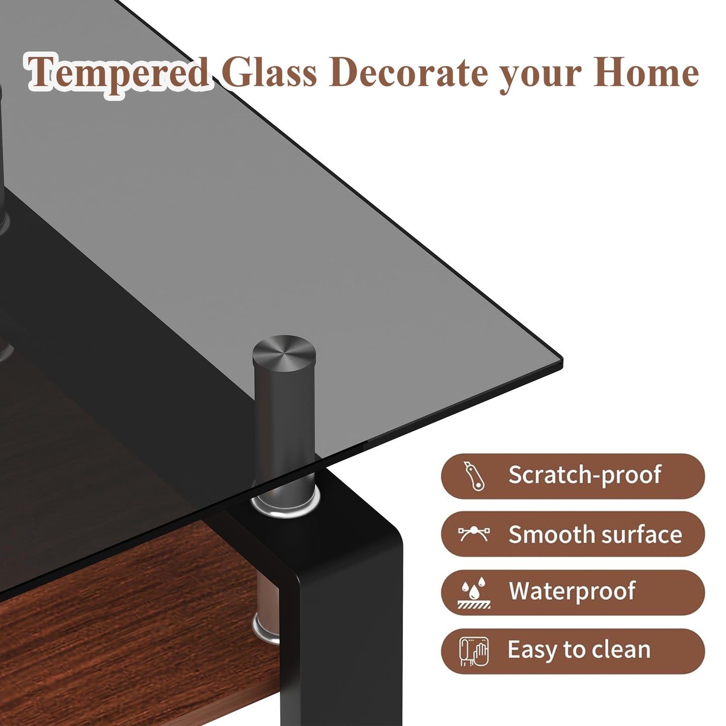 IANIYA Rectangle Tempered Glass Coffee Table, Rectangle Living Room Center Table, Modern Tea Table with Tempered Glass Tabletop and Wood Layer (1, Gray)
