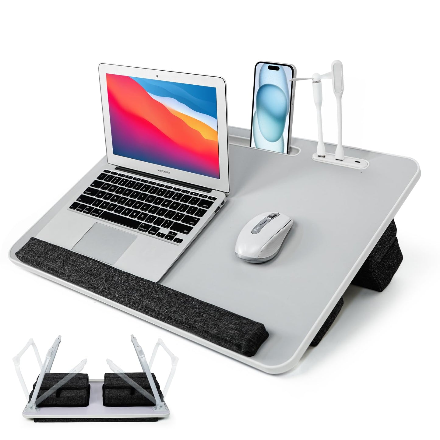 iXTRA Lap Desk for Laptop with Cushion,Folding Laptop Desk for Bed with USB,Bed Desk,Portable Computer Lap Desk,23.62"*15.74",Grey