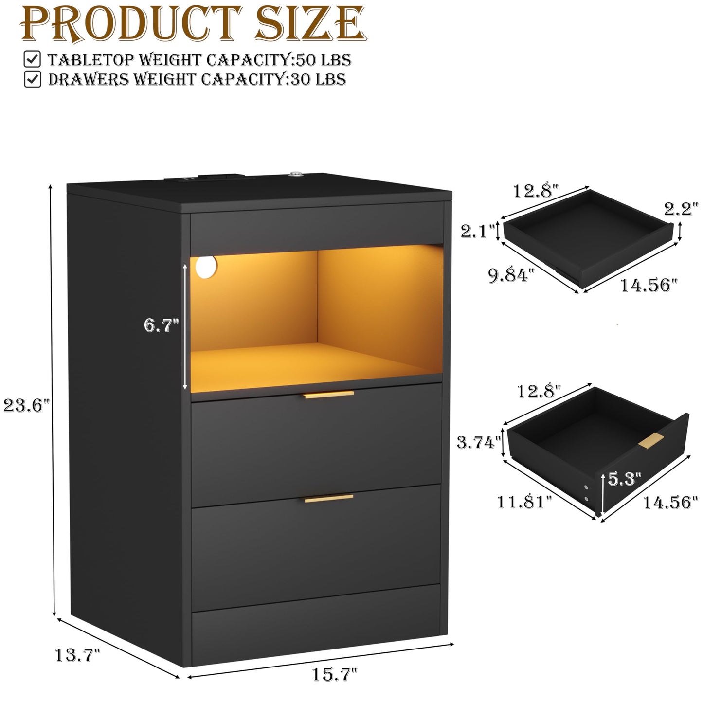 Yusong Night Stand with Gun Drawer & Invisible Lock, Bedside Table, LED Nightstand with Charging Station, Modern Night Stand, Wood Sofa Couch End Side Table with 2 Pull-Out Shelf, Black