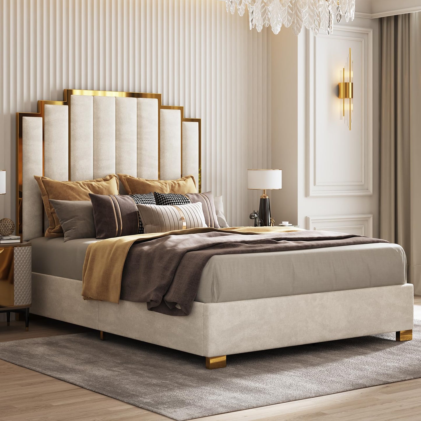 AMERLIFE Queen Size Upholstered Bed, Modern Velvet Bed Frame with 61.4” Tall Gold Trim Headboard, No Box Spring Needed, Cream