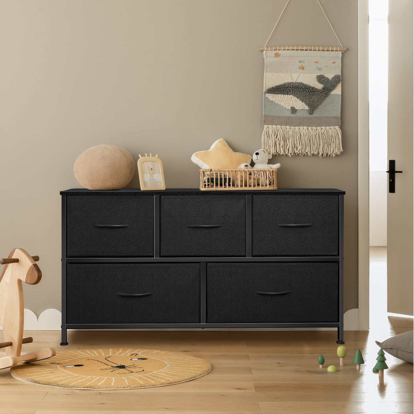 Sonharlar Dresser for Bedroom with 5 Drawers, Chest of Drawers, Storage Drawers Organizer Unit, Black Wide Fabric Dresser with Fabric Bins for Closet, Living Room, Bedroom (Charcoal Black)