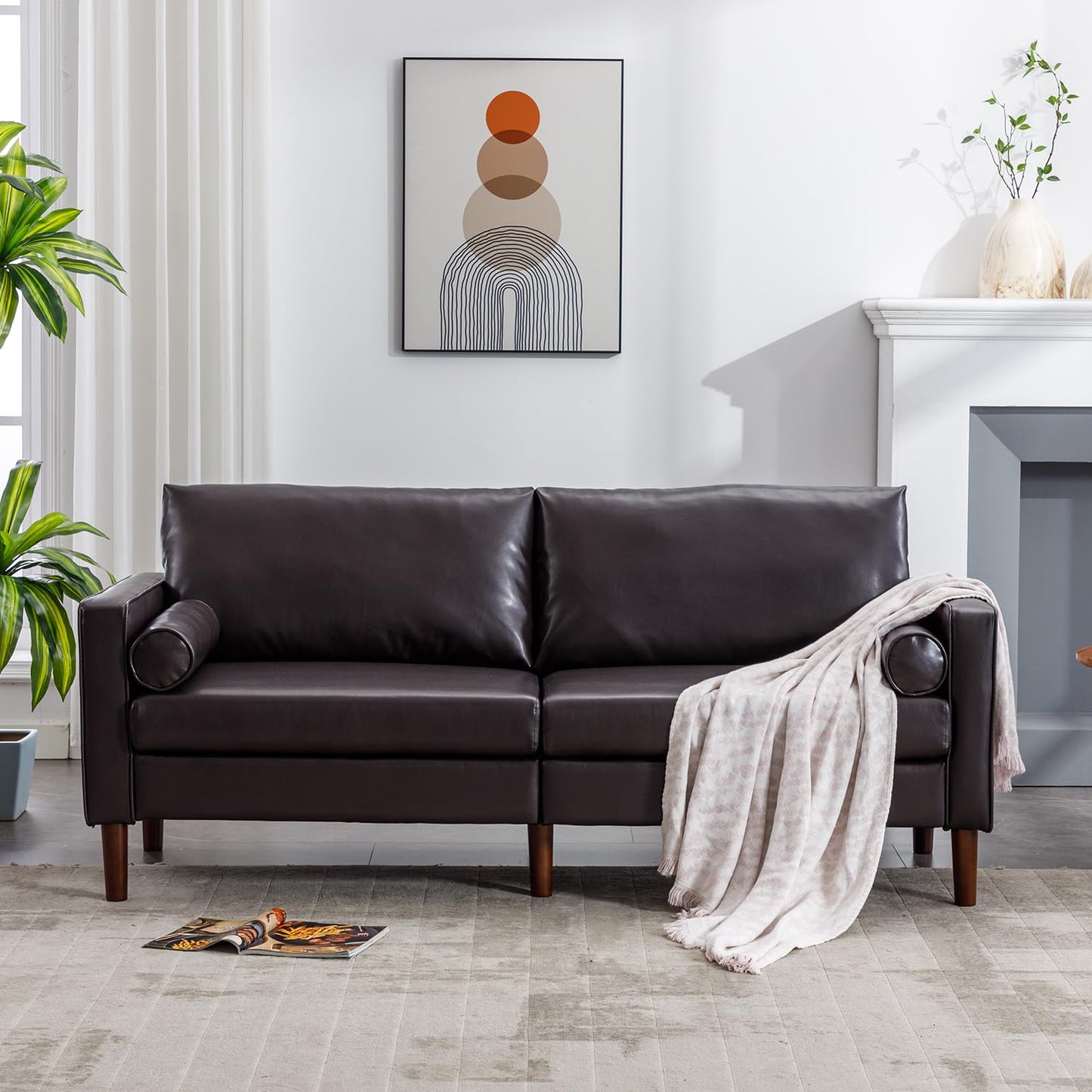 DIFY 77” Mid-Century Modern Loveseat Couch, Leather Faux Sofa with Two Upholstered Cushions, Comfortable Couch with Wooden Frame and 3 Seater, for Living Room, Bedroom, Office(Black)