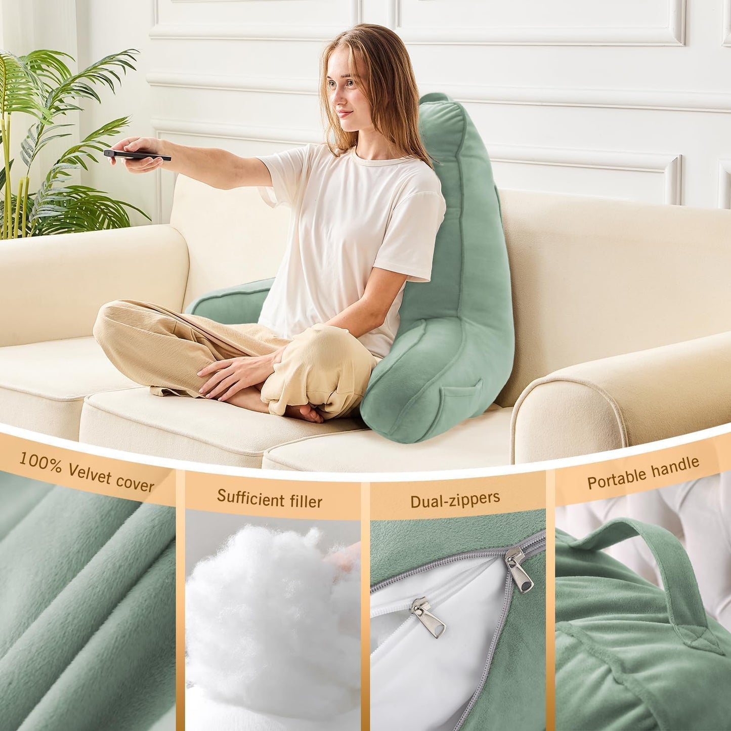 Sasttie Reading Pillow for Bed - 23 Inch, Back Pillow for Bed Sitting Up, Back-Rest Support Cushion with Side Pockets and Arms, Dorm Essentials, Oeko-Tex Certified, Sage