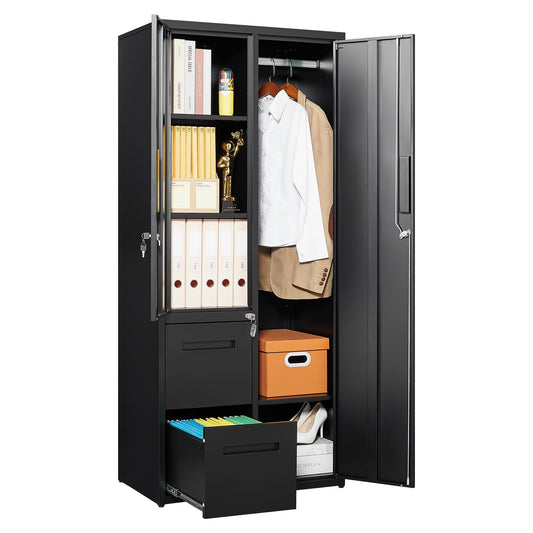 Anxxsu Metal Storage Cabinets Locker, 67" Locker with Clothes Rod, Lockable Freestanding Wardrobe for Office, Home, School, Laundry Room, Gym (Black)