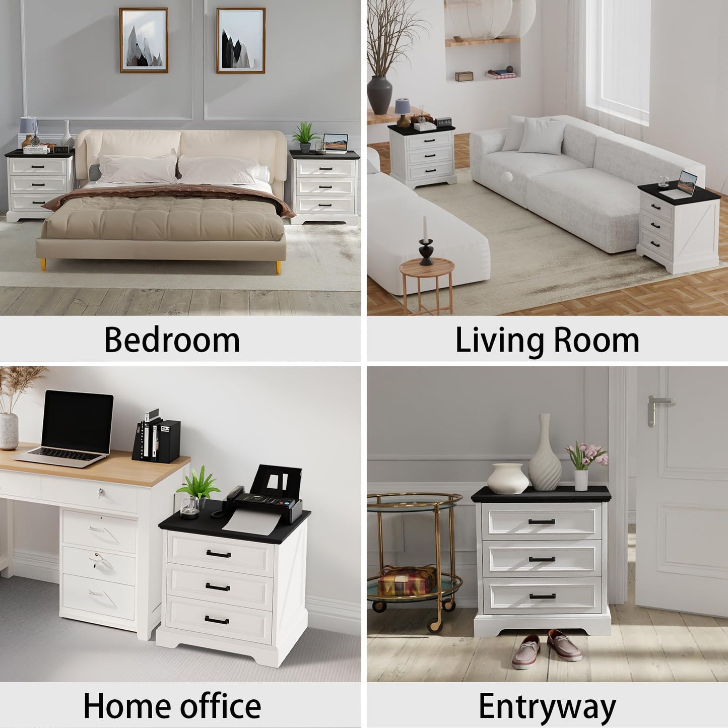 Farmhouse Bedside Nightstand with USB & Charging Station, 22” Wide Rustic Wood Nightstands with 3 Drawers – Small Dresser Chest for Bedroom, Living Room or Closet, Off White (1Pieces)