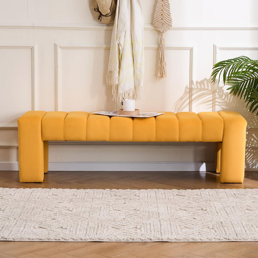 AIITTCC Velvet End of Bed Bench Upholstered Modern 59" Bedroom Bench for King Bed Bench Tufted Window Bench Comfy Long Ottoman for Living Room/Entry/Indoor (Mustard Yellow, 59" Wide)