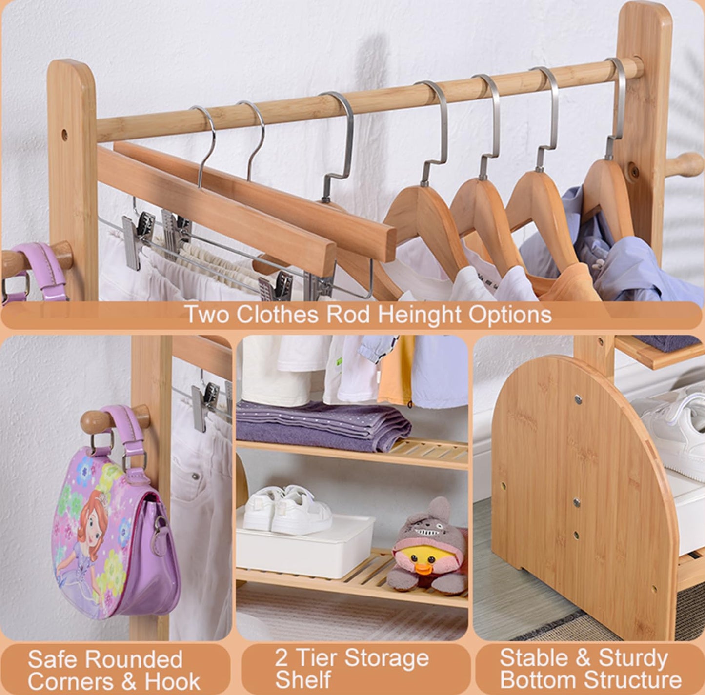 BAMBOOHOMIE Kids Clothing Rack With Adjustable Rods, Children Clothes Garment Rack for Baby Pet, Dress Up Rack With 2 Bottom Shelves, Wardrobe Closet for Toddlers Nursery