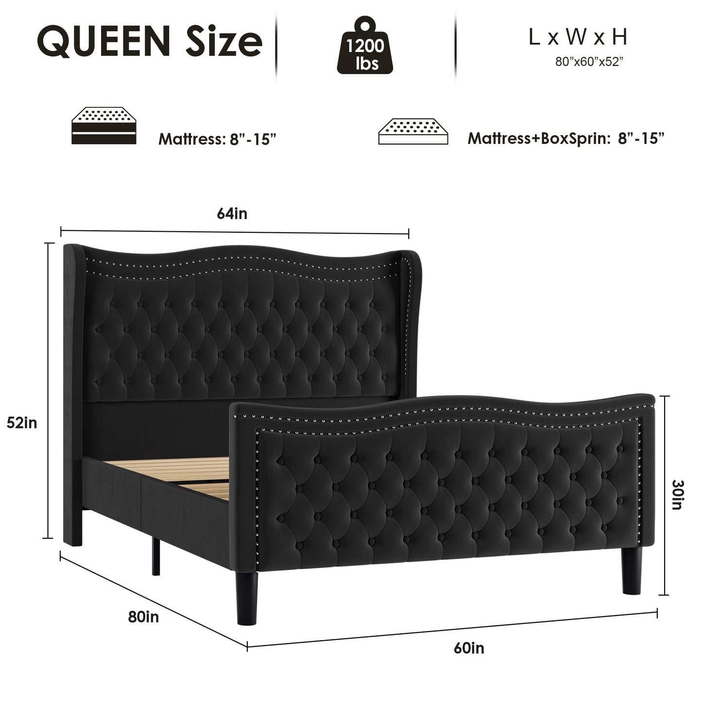 Generic Queen Bed Frame, 52"" Headboard Upholstered Bed with Tall Footbaord, Velvet Upholstered Deep Button Tufted Wingback Platform Bed, No Box Spring Required/Wood Slat Support/Black