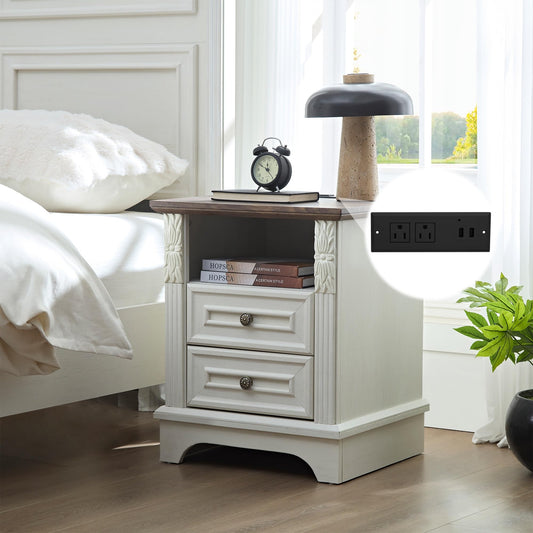 BOSHIRO Farmhouse Nightstand wtih Charging Station, 20" End Table with 2 Drawers, Night Stand Side Table Storage Cabinet with Carved Pilasters for Bedroom, Living Room, Wood Rustic, Antique White