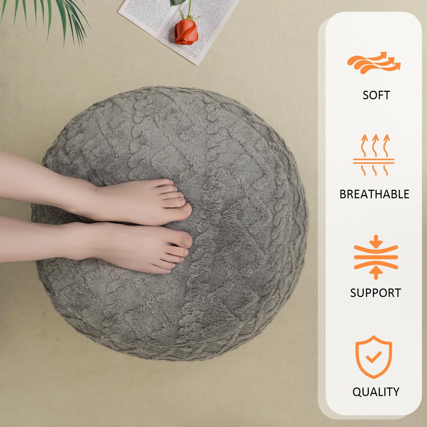 Round Stuffed Pouf Ottoman for Foot Rest, Faux Fur Poufs with Foam Chunk Filling, Storage Ottoman Pouf Foot Stool Cushion, 20 X 15 InchFloor Poufs Foot Rest for Living Room Bedroom Home Decor (Grey)