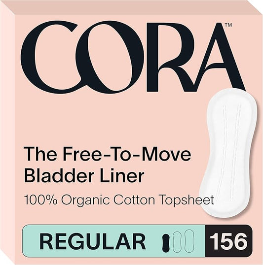 Cora Ultra Thin Organic Bladder Liners | Incontinence & Postpartum Pads for Women | Panty Liners for Bladder Leaks | Breathable Cotton (156 Regular)